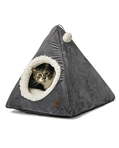 Tabby cat inside cat teepee cat bed